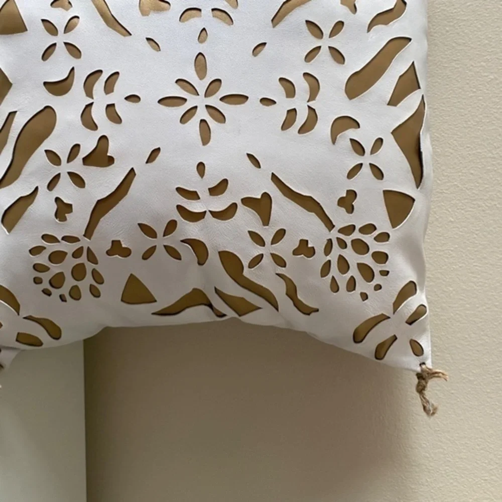 Anthropologie White Leather Gold Inlay Pillow